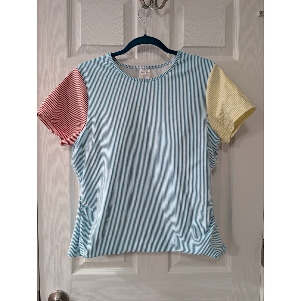 Lands End, Women's 18, Seersucker Short Sleeve Swim Top Rash Guard, Colorblock